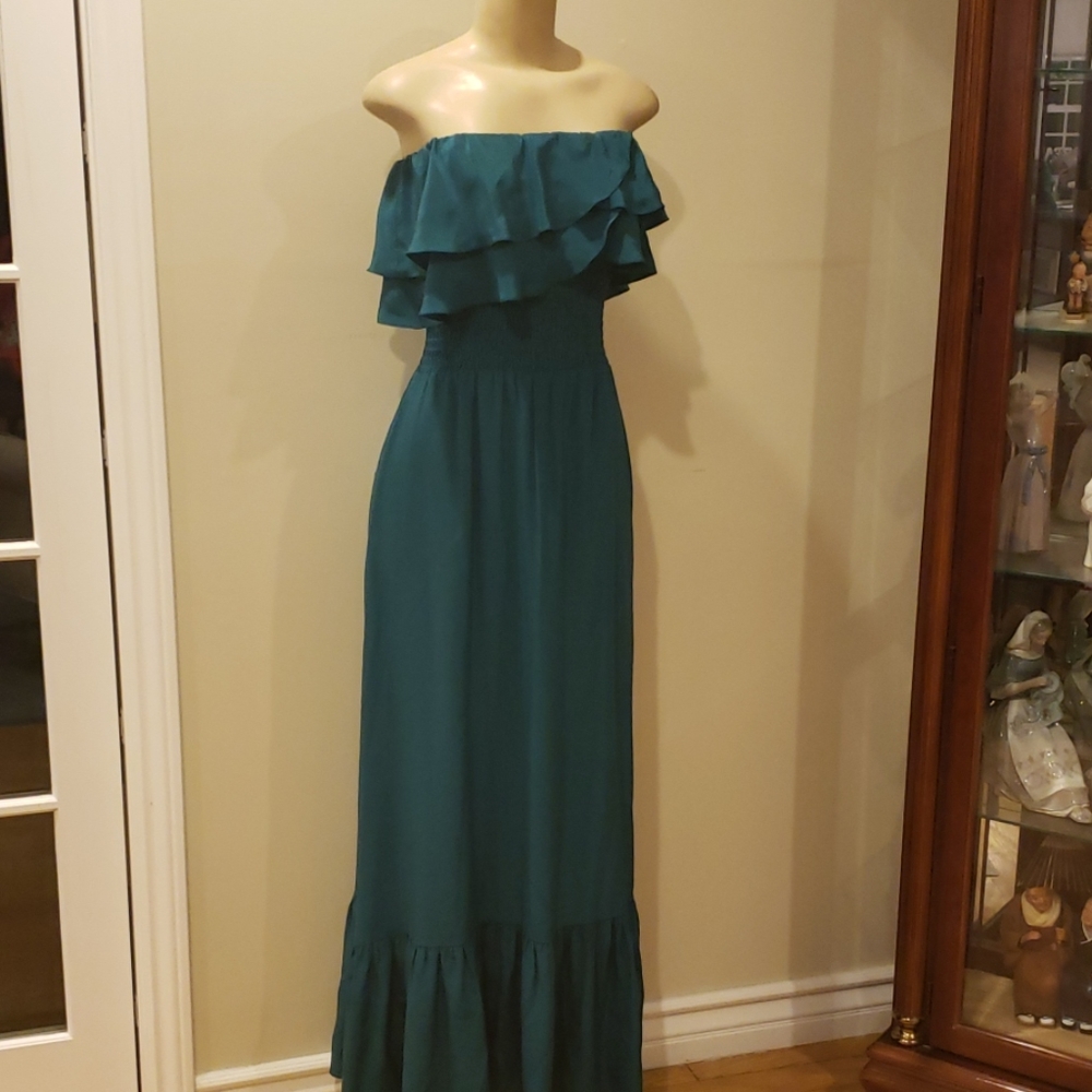 Jay Godfrey Teal Silk Strapless Ruffle Maxi Dress Smocked Waist Size 6